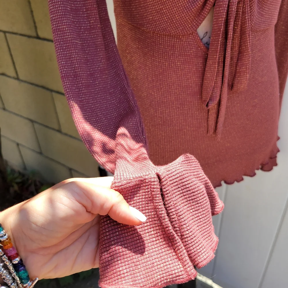 Free People Intimately Cut Out Tied Flutter Long Sleeve‎ Top Shimmer Size M